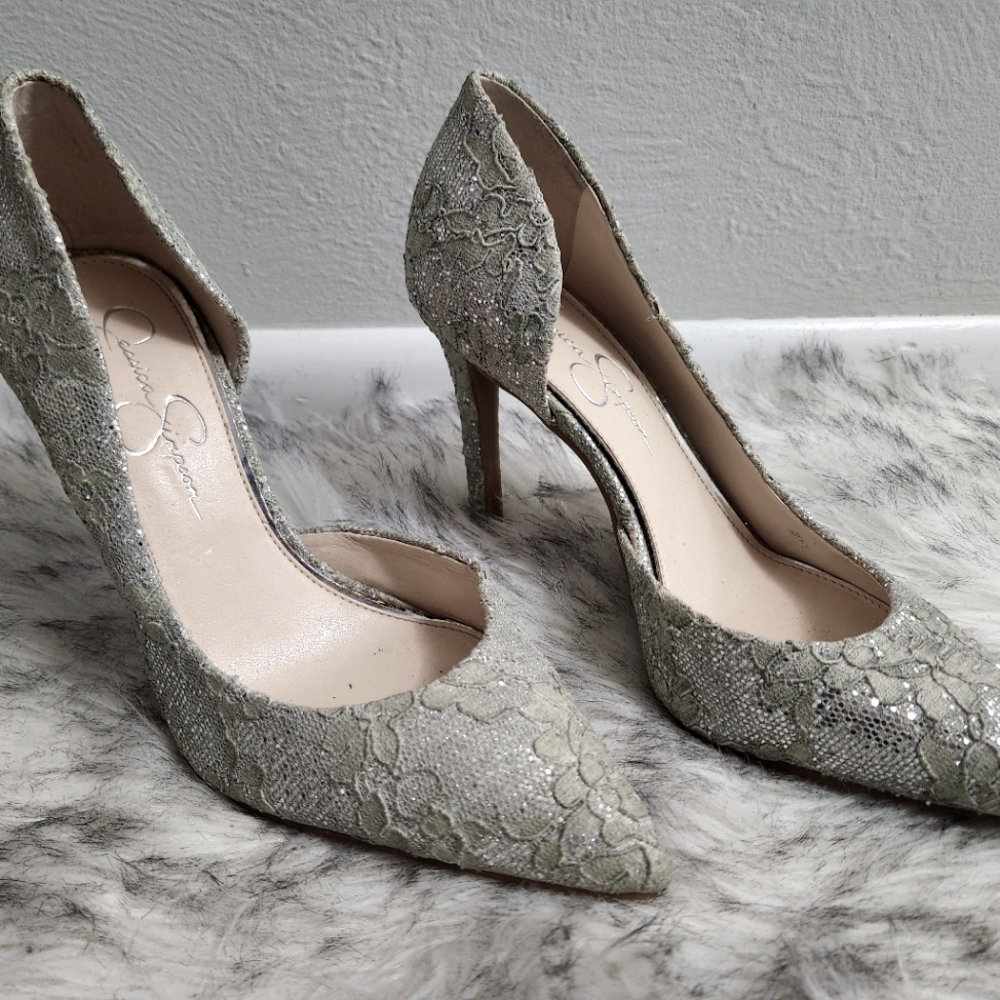 Jessica Simpson Glitter Lace Pointed Toe Pumps in Light Silver